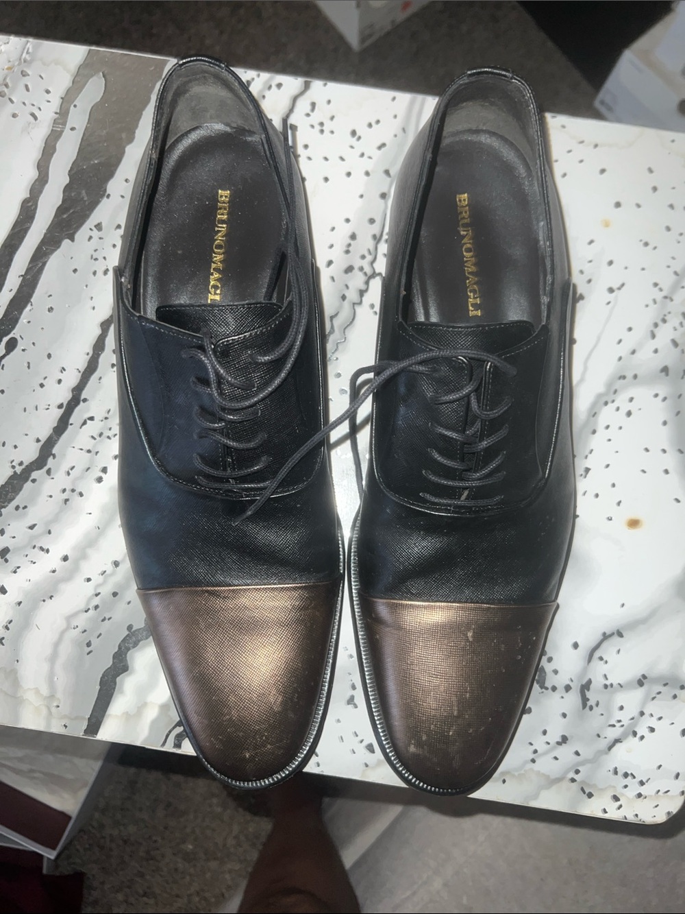 Bruno Magli Black Leather Oxfords with Bronze Cap Toe